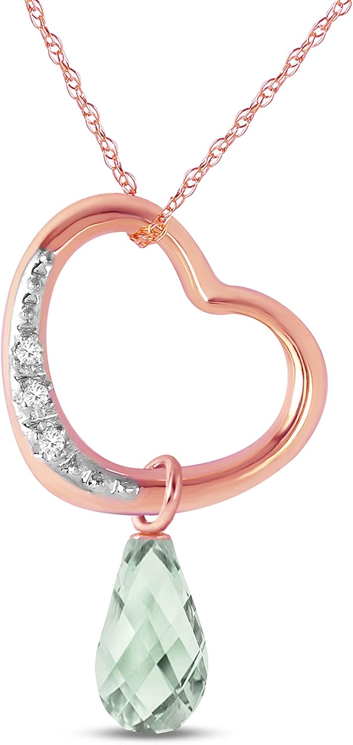 Galaxy Gold GG 14K Gold Open Heart with Genuine Diamond and Green Amethyst Pendant Necklace