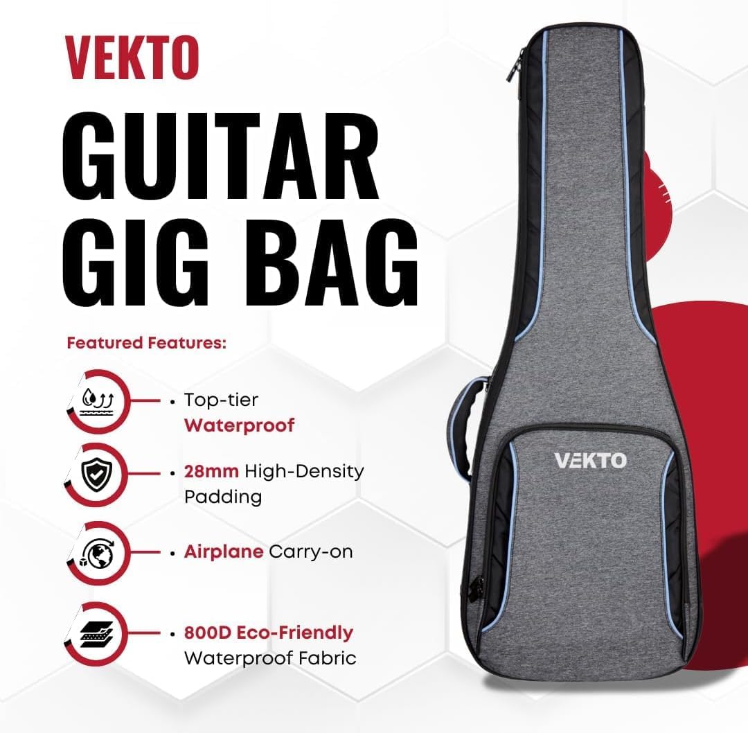 VEKTO Acoustic Guitar Gig Bag 41 Inch 28mm Padded, Hideaway Backpack StrapsPremium Grey-Blue Fabric, Spacious Compartments, Detachable Neck Cushion Grey Blue