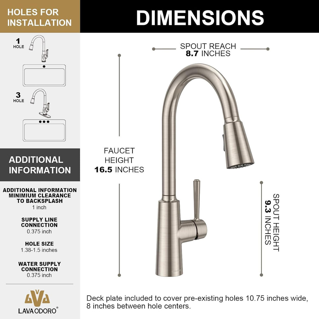 Lava Odoro Brushed Nickel Kitchen Faucet with Pull Down Sprayer, Modern Kitchen Sink Faucet with Magnetic Docking Spray 2-Function, Single Handle Faucet for Kitchen Sink 1 Hole and 3 Hole, KF241-BN