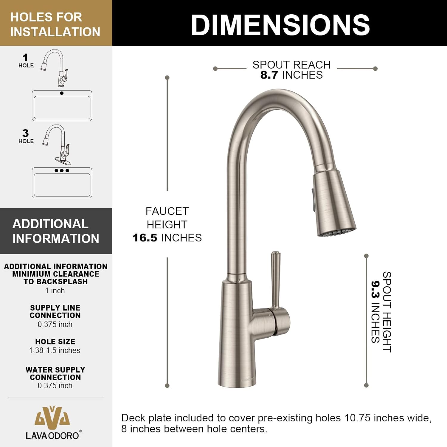 Lava Odoro Brushed Nickel Kitchen Faucet with Pull Down Sprayer, Modern Kitchen Sink Faucet with Magnetic Docking Spray 2-Function, Single Handle Faucet for Kitchen Sink 1 Hole and 3 Hole, KF241-BN