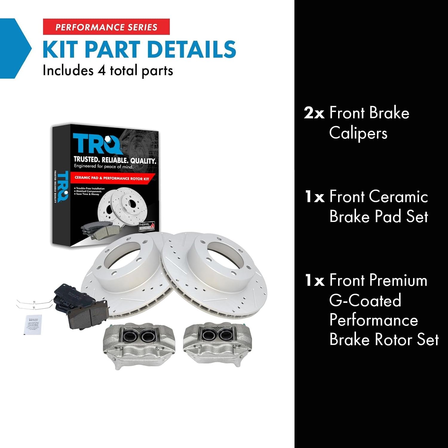 TRQ Performance Front Brake Pad and Rotor Set Ceramic Vented Slotted Drilled Coated Rotors Calipers Compatible with 1996-2000 Toyota 4Runner
