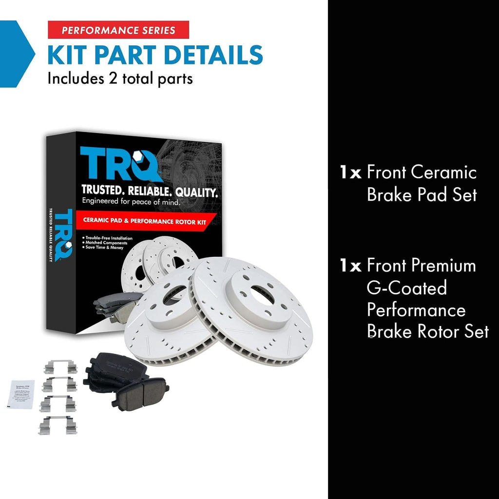 TRQ Performance Front Brake Pad and Rotor Set Ceramic Coated Drilled Slotted Vented Rotors Compatible with 2003-2008 Toyota Corolla Matrix Pontiac Vibe