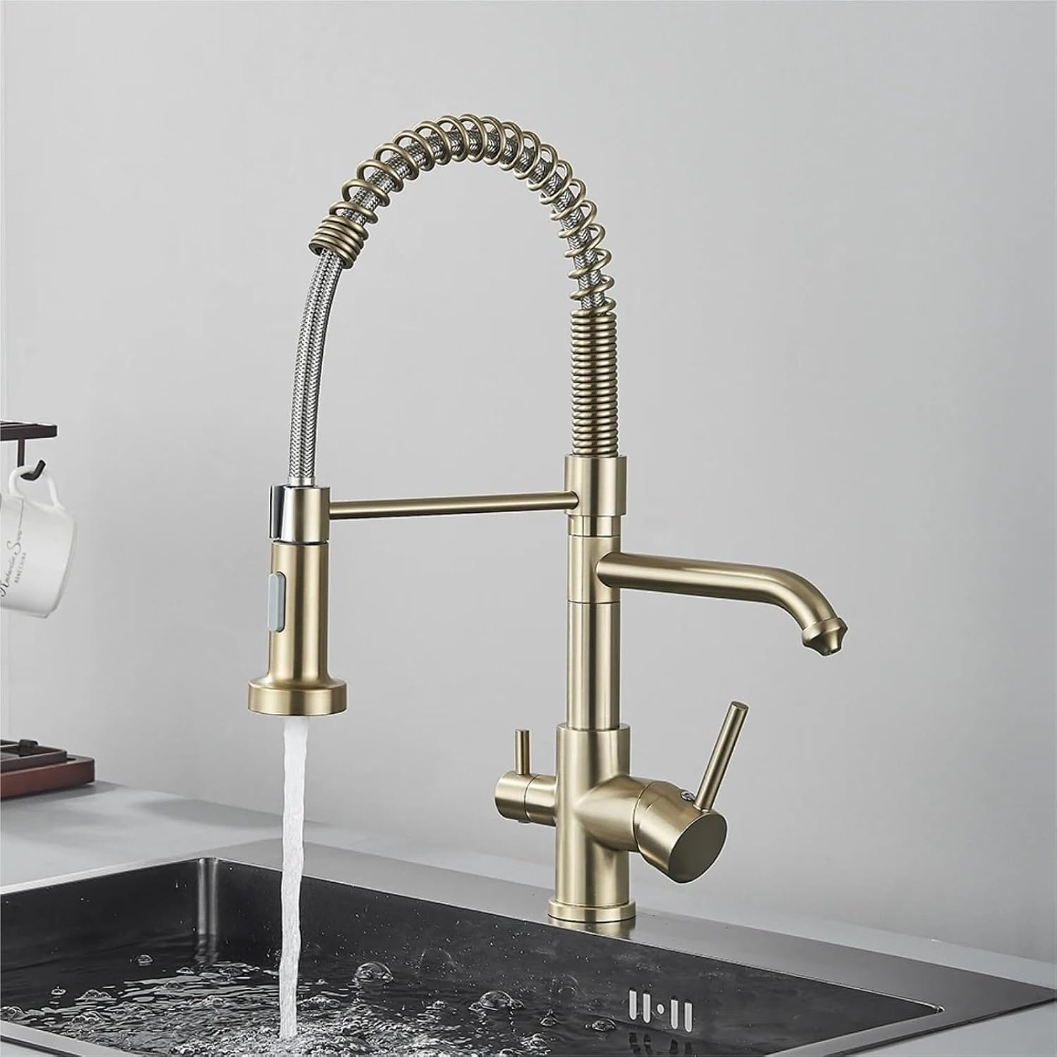 Kitchen Water Filter Faucet Dual Spout Filter Drinking Water Mixer Tap Rotation Taps(Brushed Gold)