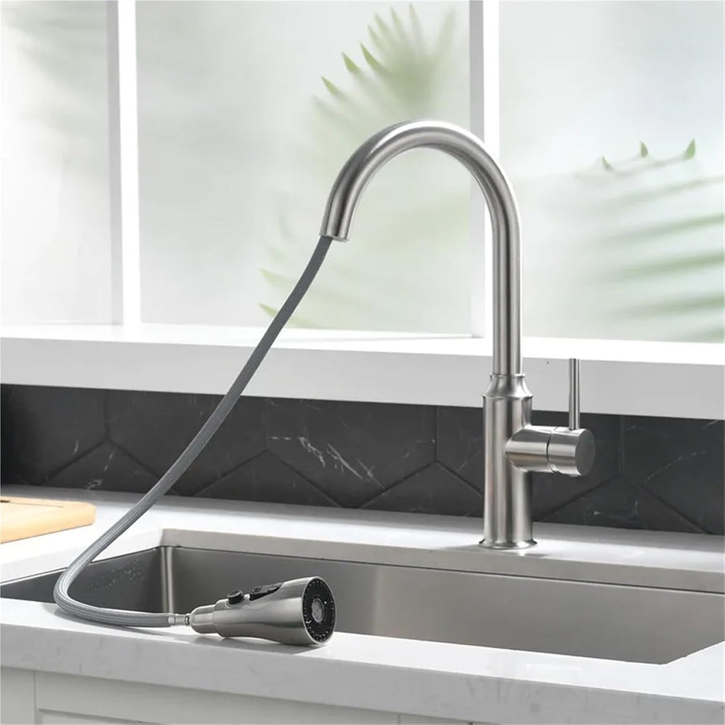 Kitchen Pull-Out Faucet Hot and Cold Water Sink Stainless Steel 360 Rotating Telescopic Faucet(Nickel)