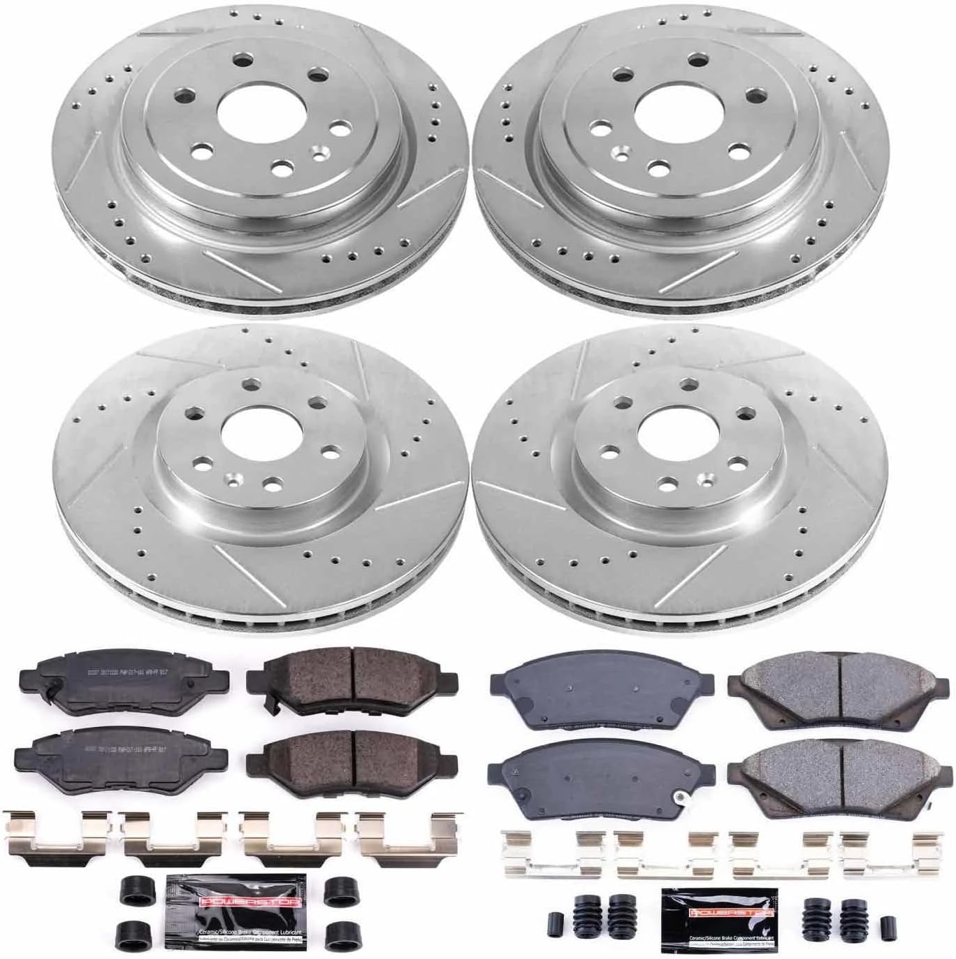 PowerStop Front and Rear Brake Kit for Cadillac SRX 2010-16 | Saab 9-4X 2011 - Drilled and Slotted Disc Rotors with Carbon-Fiber Ceramic Brake Pads Replacement, K5546
