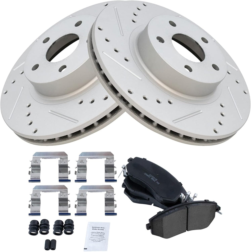 TRQ Performance Front Brake Pad and Rotor Set Ceramic Drilled Slotted Coated Rotors Compatible with 2013-2016 Scion FR-S 2013-2016 Subaru BRZ 2011-2016 Impreza