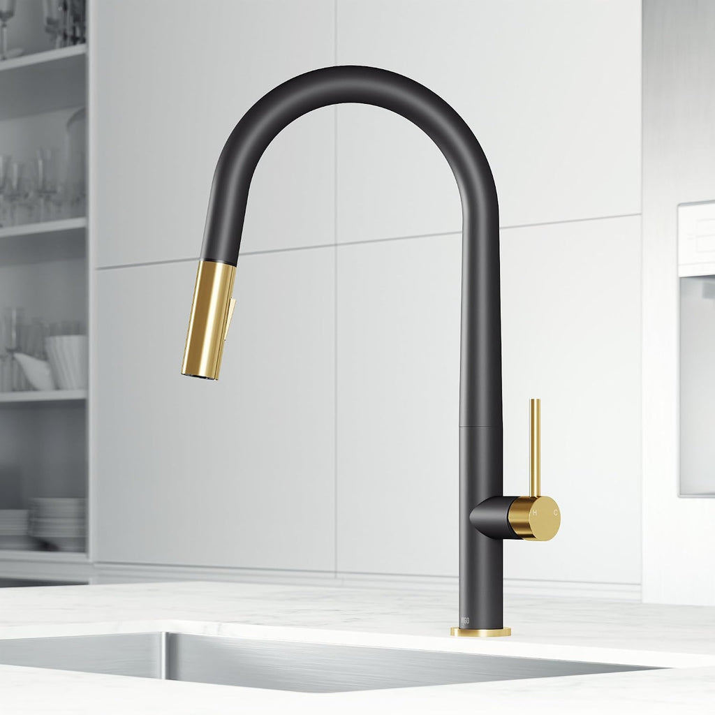 VIGO Greenwich 18'' H Single Handle Pull-Down Sprayer Kitchen Faucet in Matte Black and Matte Brushed Gold-VG02029MBMGB