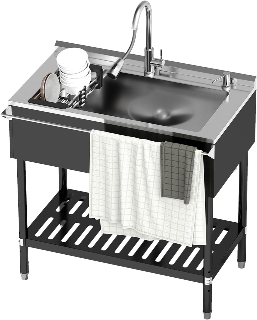 Stainless Steel Utility Sink, 30.8'' Free Standing Single Bowl Sink with Pull-Out Faucet & Cold and Hot Water Pipe & basket, Indoor and Outdoor Sink for Laundry Room, Garage, Kitchen, Black