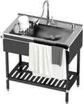 Stainless Steel Utility Sink, 30.8'' Free Standing Single Bowl Sink with Pull-Out Faucet & Cold and Hot Water Pipe & basket, Indoor and Outdoor Sink for Laundry Room, Garage, Kitchen, Black