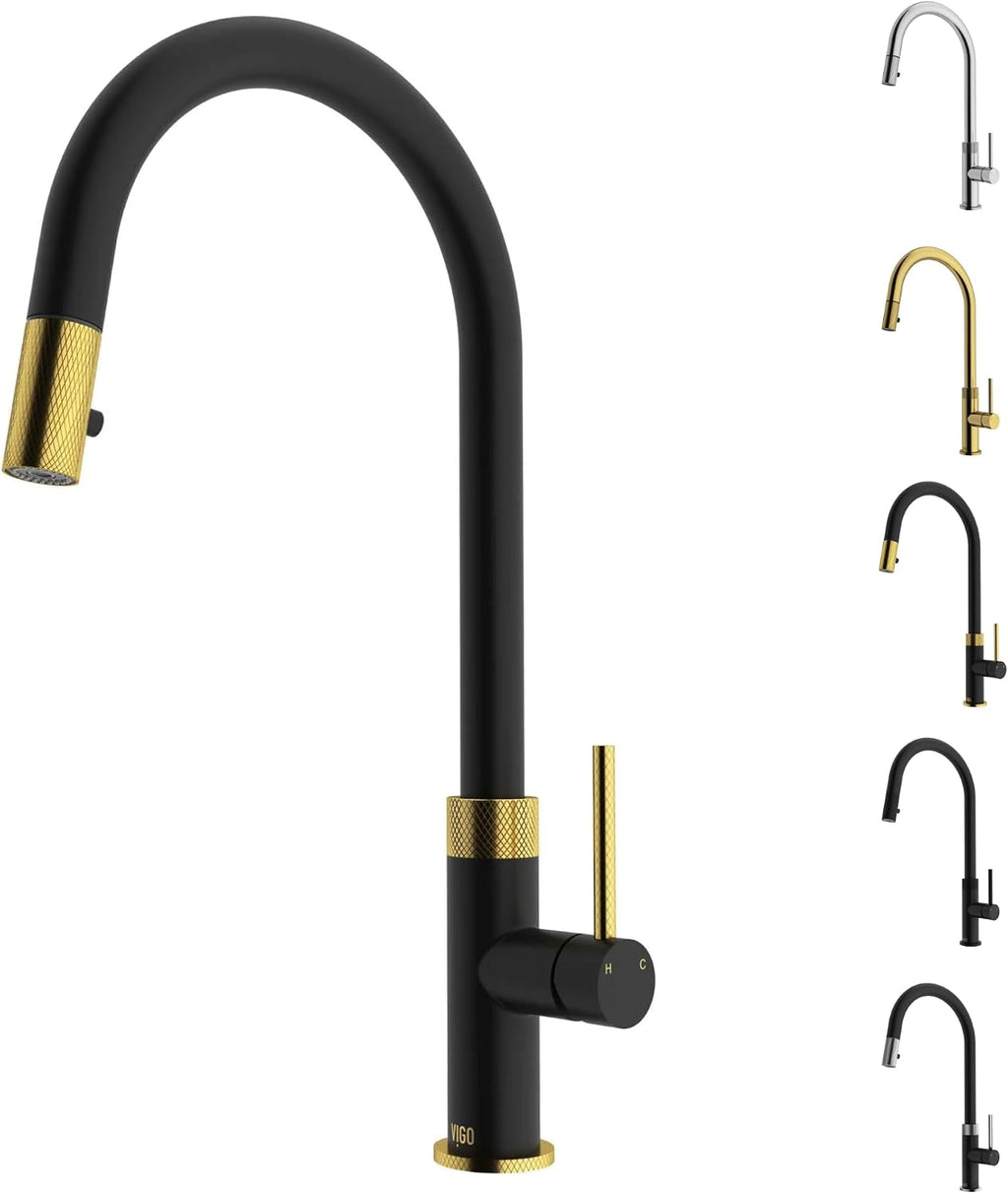 VIGO Bristol 19'' H Single Handle Pull-Down Sprayer Kitchen Faucet in Matte Brushed Gold and Matte Black-VG02033MGMB