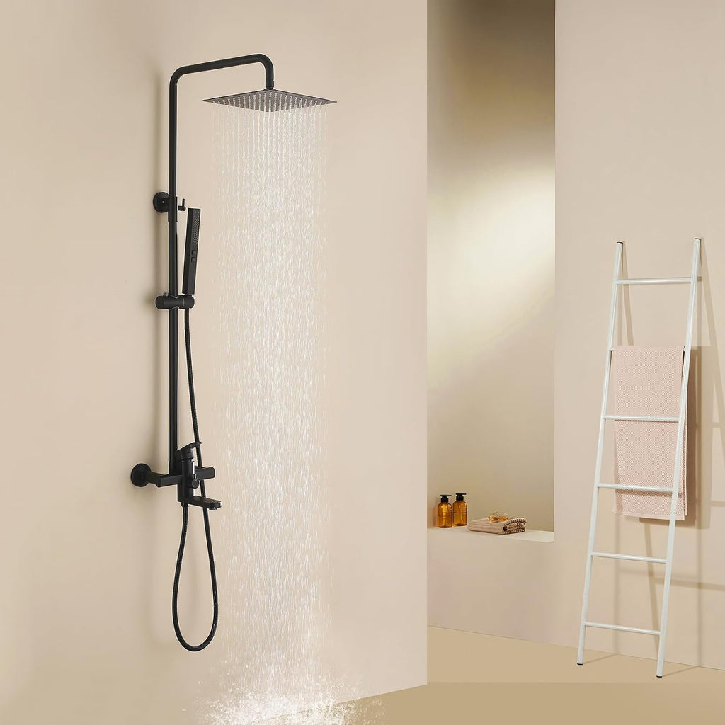 Exposed Shower System 10' Matte Black Rainfall Shower Head with 2 Modes Handheld and Tub Faucet Set, Square Shower Head 3 Functions Outdoor Shower Fixtures with Brass Valve, Height Adjustable