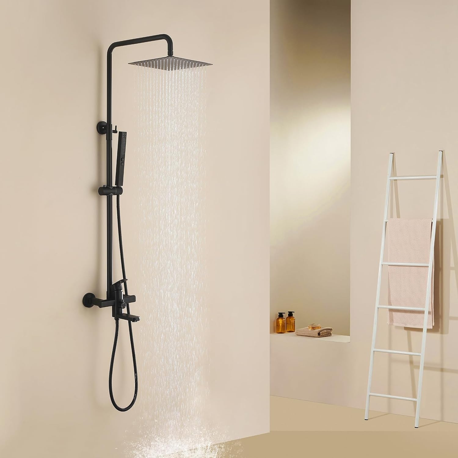 Exposed Shower System 10' Matte Black Rainfall Shower Head with 2 Modes Handheld and Tub Faucet Set, Square Shower Head 3 Functions Outdoor Shower Fixtures with Brass Valve, Height Adjustable