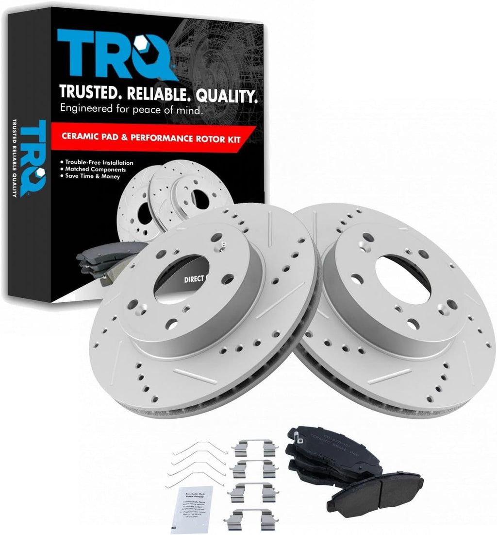 TRQ Performance Front Brake Pad and Rotor Set Ceramic Coated Drilled Slotted Rotors Compatible with 2012-2015 Honda Civic