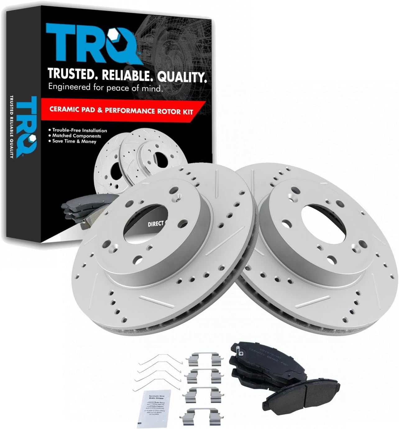 TRQ Performance Front Brake Pad and Rotor Set Ceramic Coated Drilled Slotted Rotors Compatible with 2012-2015 Honda Civic