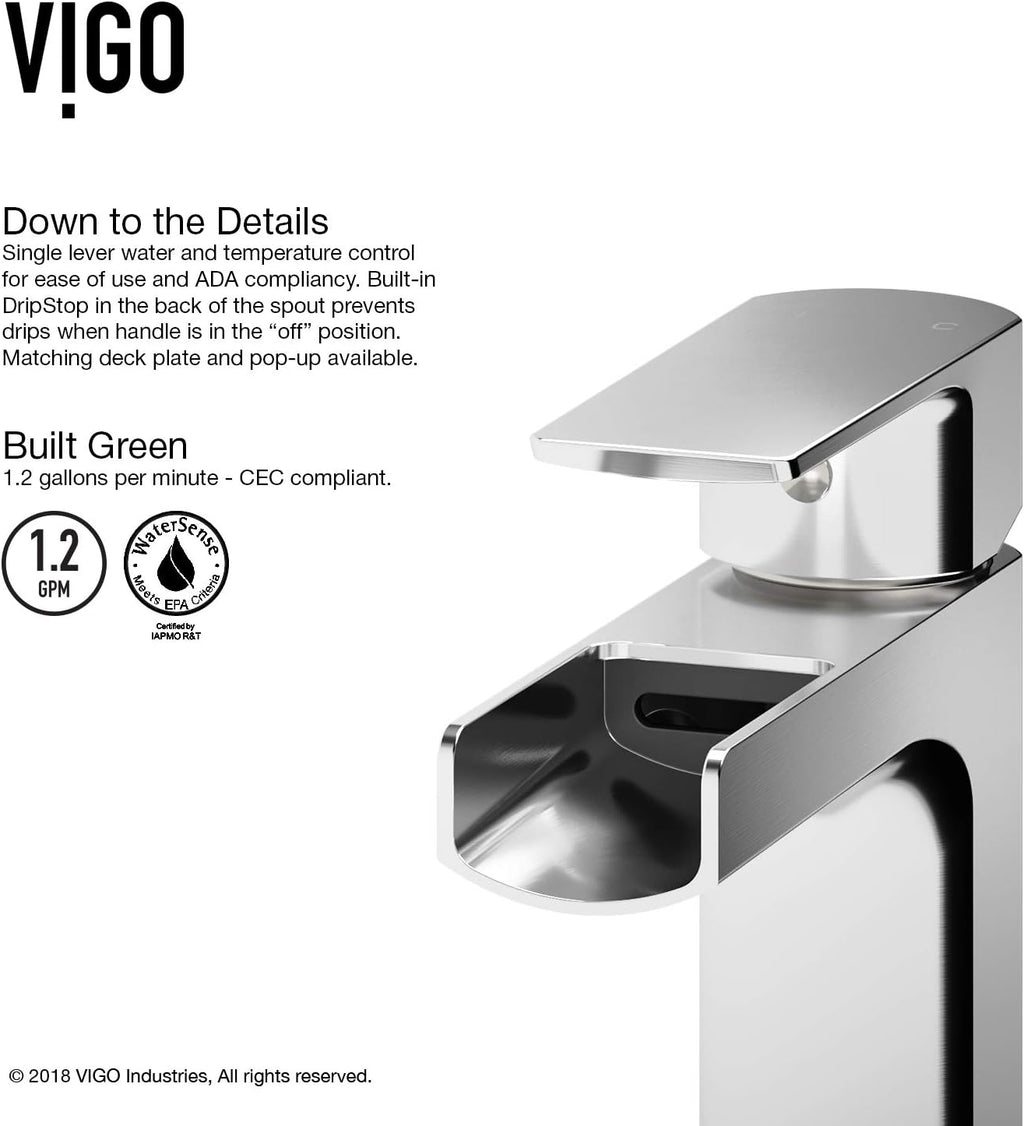 VIGO Ileana Waterfall Single-Handle Single-Hole Mount Bathroom Sink Faucet, 7-Inch, Chrome, Modern Design, Solid Brass, 1.2 GPM WaterSense & Ceramic Disc Valve, Corrosion-Resistant