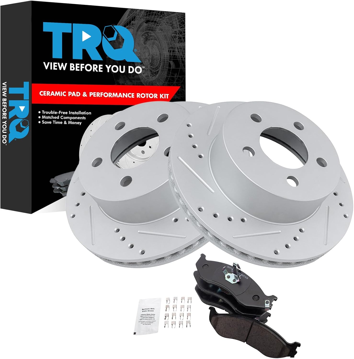 TRQ Performance Front Brake Pad and Rotor Set Ceramic G Coated Drilled Slotted Vented Rotors Compatible with 1999-2001 Jeep Cherokee 1999-2006 Wrangler