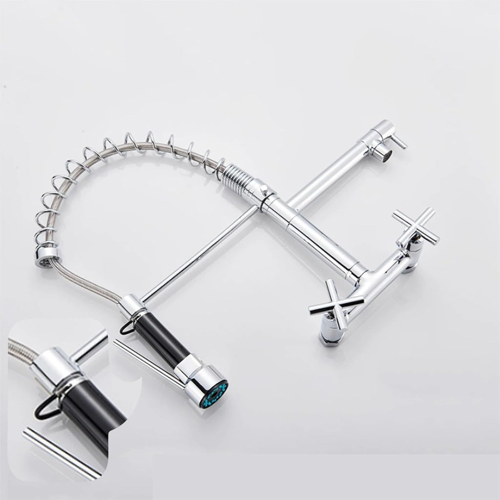 Wall-Mounted Spring Kitchen Faucet Pull Down Spray Nozzle Dual Handle 360 Rotation Hot and Cold Water Mixer Tap(Chrome)