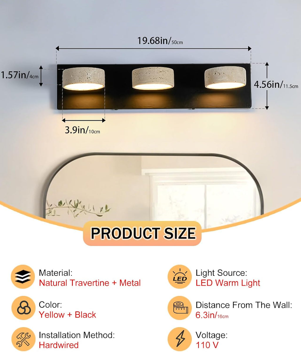 Travertine Vanity Light, 19.7 Inch Wabi Sabi Vanity Lights Fixture with 360° Rotatable Natural Stone Lampshade and Black Metal Base Nordic Style Farmhouse Vanity Lights for Bathroom (3 Lights)