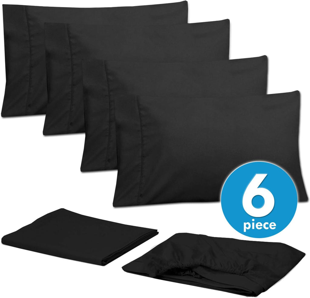 Sweet Home Collection RV Short Queen Sheets-6 Piece 1500 Thread Count Fine Brushed Microfiber Deep Pocket Set-Extra Pillow Cases, Value, Black, Short Queen Size(Pack of 12)