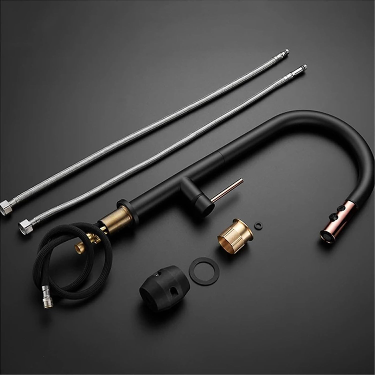 Modern Kitchen Faucet Pull Out 2 Mode Outlet Water Spray Deck Mounted Hot and Cold Water Sink Mixer Tap(Black-Gold)