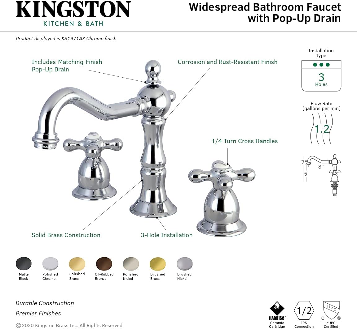 Kingston Brass KS1970AX Heritage Widespread Bathroom Faucet, Matte Black,8 x 7.56 x 7.44