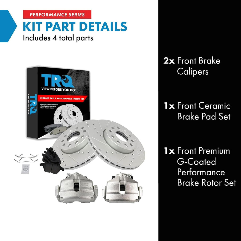 TRQ Performance Front Brake Pad and Rotor Set Ceramic Drilled Coated Rotors Calipers Compatible with 2005 Volkswagen Jetta 06-09 Rabbit 2010 Audi A3 10-14 Golf 10-15 Jetta 12-19 Beetle 2013 GTI