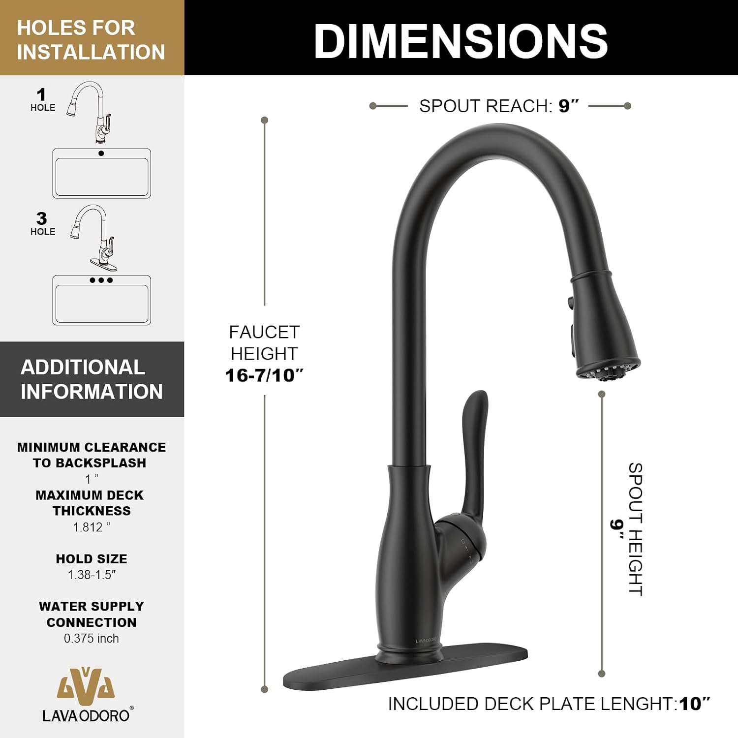 Black Kitchen Faucet with Pull Down Sprayer, Lava Odoro Matte Black Kitchen Sink Faucet with Magnetic Docking Spray 3-Function, Faucet for Kitchen Sink 1 Hole and 3 Hole with Deck Plate, KF271-MB