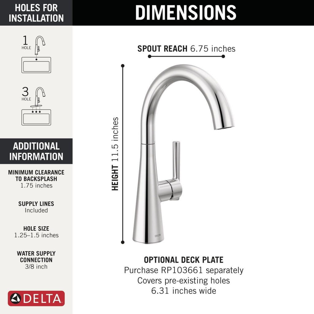Delta Modern Chrome Single Hole Bar Sink Faucet, Single Handle Prep Sink Faucet, Chrome 14882LF