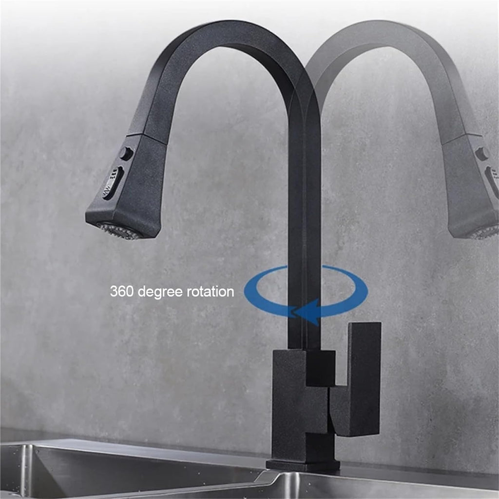 Kitchen Faucets Copper 360 Rotate Pull Out Tap Kitchen Faucet Button Switch Cold Hot Water Sink Mixer Taps(Black 1,Hose Size 9-16)