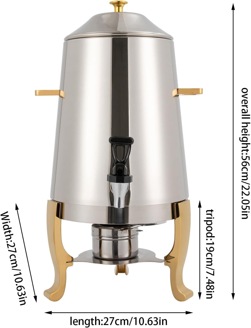 Hot Beverage Dispenser Chafer Urn with Fuel Holder, 13L Stainless Steel Tea Water Coffee Chafer Urn Drinks Dispensers Can with Faucet for Party Buffet Catering, Gold