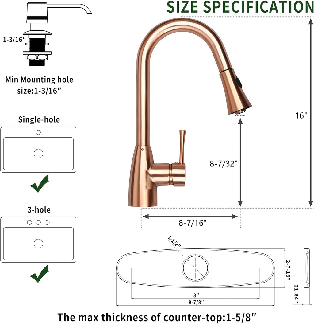 Akicon Copper Kitchen Faucet with Soap Dispenser, Single Handle Solid Brass High Arc Pull Down Sprayer Head Kitchen Sink Faucets with Deck Plate AK96455