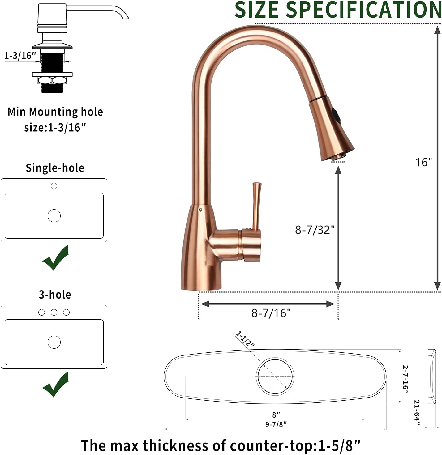 Akicon Copper Kitchen Faucet with Soap Dispenser, Single Handle Solid Brass High Arc Pull Down Sprayer Head Kitchen Sink Faucets with Deck Plate AK96455