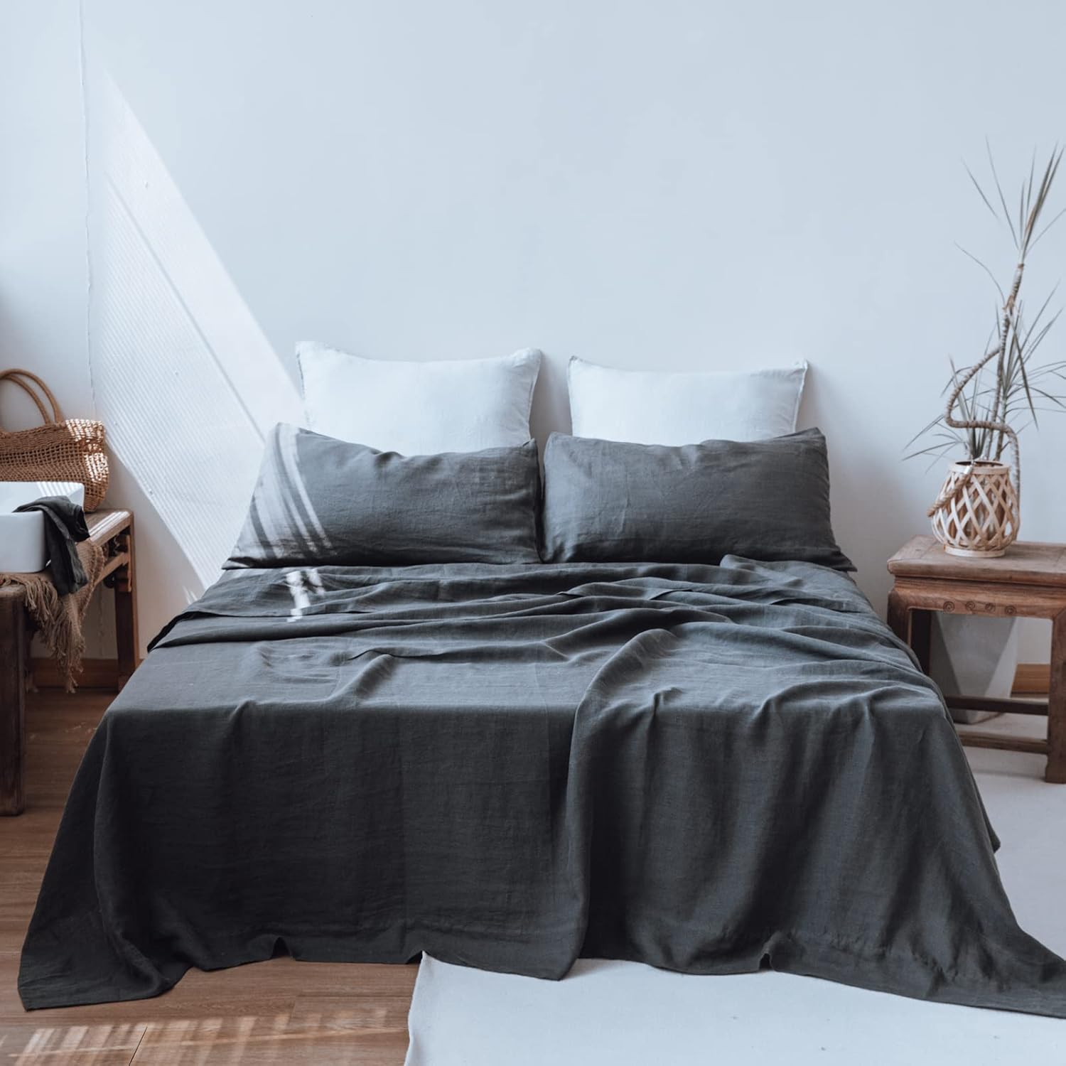 Simple&Opulence 100% Linen Sheet Set 4pcs Basic Style, Deep Pocket, Natural French Washed Flax Solid Color Soft Breathable Bed Sheets - Dark Grey, King