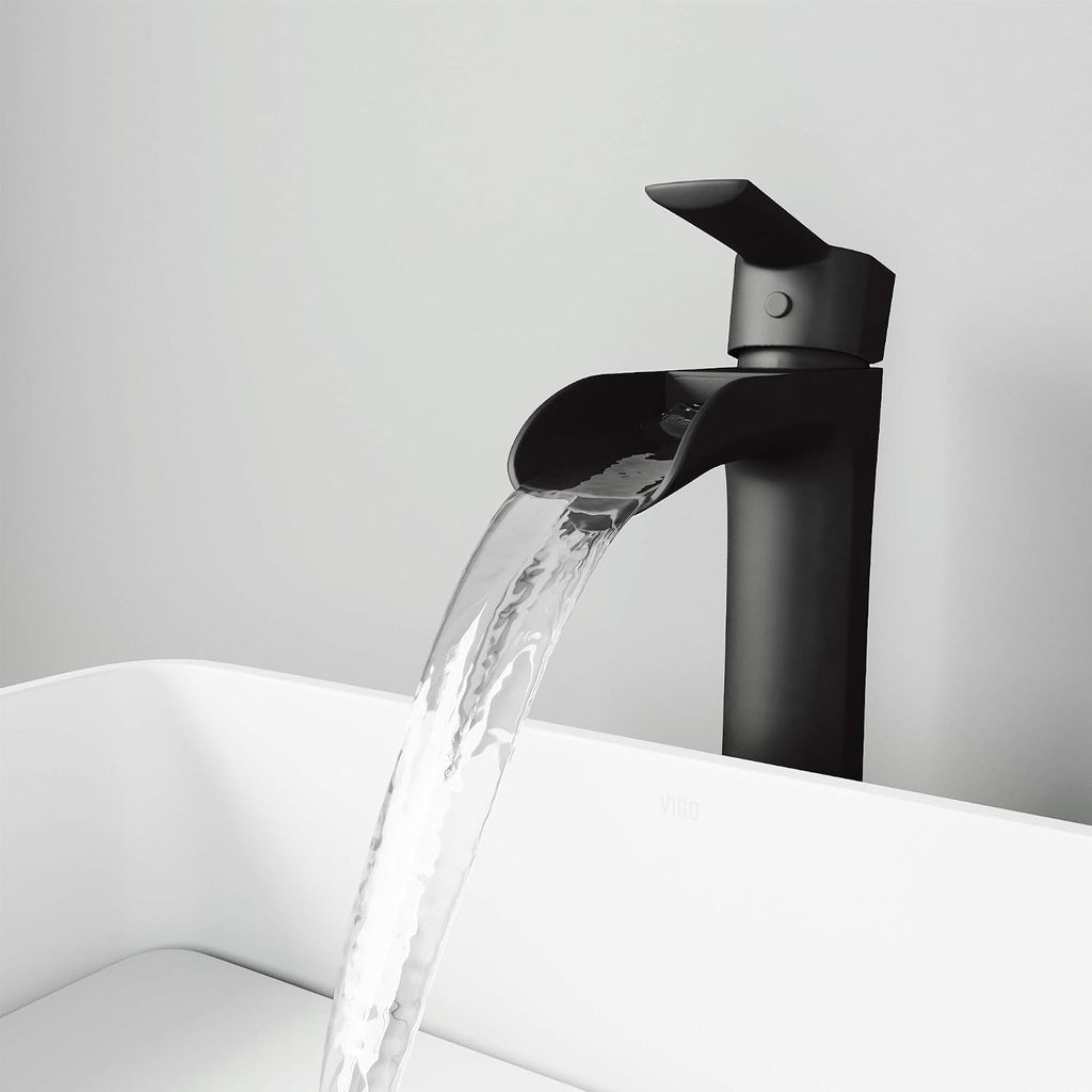 VIGO Niko Waterfall Single-Handle Single-Hole Mount Vessel Bathroom Sink Faucet, 11-Inch, Matte Black, Modern Design, Solid Brass, 1.2 GPM WaterSense & Ceramic Disc Valve - VG03024MB
