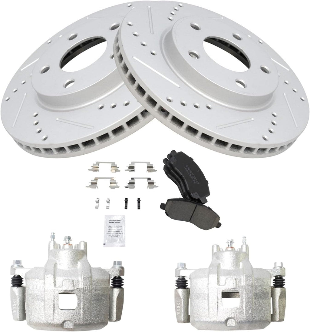 TRQ Performance Front Brake Pad and Rotor Set Ceramic Vented Coated Drilled Slotted Rotors Calipers Compatible with 2007-2012 Dodge Caliber