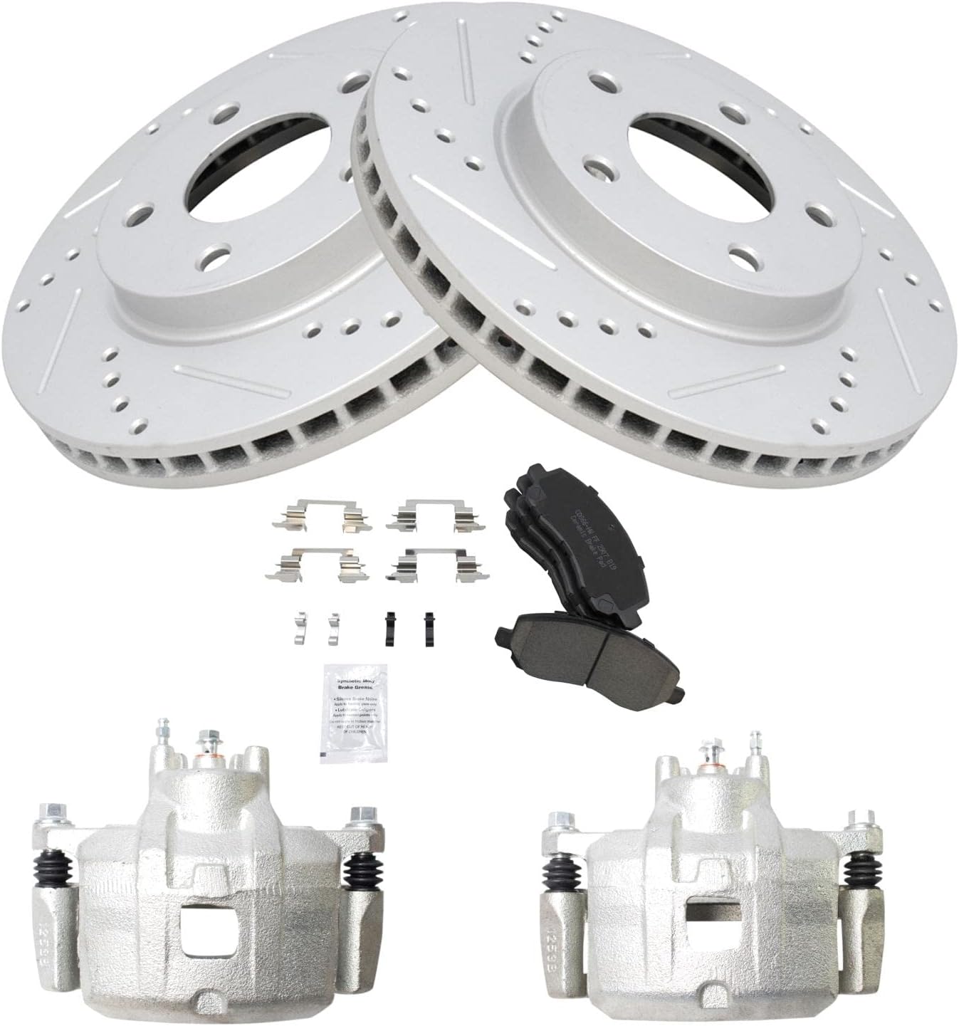 TRQ Performance Front Brake Pad and Rotor Set Ceramic Vented Coated Drilled Slotted Rotors Calipers Compatible with 2007-2012 Dodge Caliber