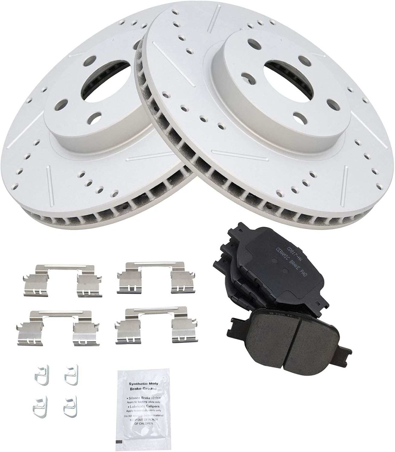 TRQ Performance Front Brake Pad and Rotor Set Ceramic G Coated Drilled Slotted Vented Rotors Compatible with 2005-2010 Scion tC 2000-2005 Toyota Celica