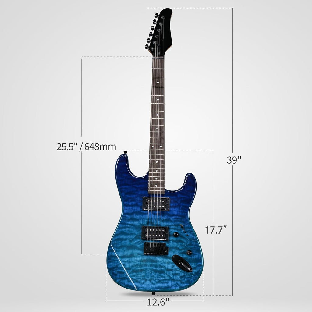 Full Size Electric Guitar Kit,39 Inch Beginner Electric Guitar,Complete Electric Guitars Set with Bag, Shoulder Strap, Power Wire, Wrench Tool,Tremolo Arm and Picks,Blue