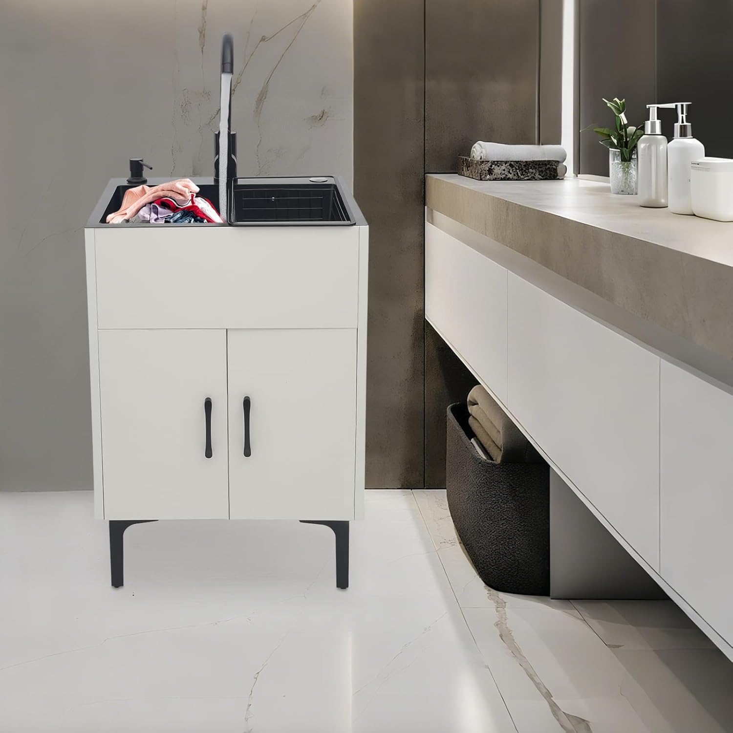 20-Inch Laundry Sink with Cabinet & 360° Swivel Hot/Cold Fauce, Freestanding Kitchen Sink Cabinet with Stainless Steel Sink & Drain Kit, White Cabinet with Sink for Laundry&Utility Room