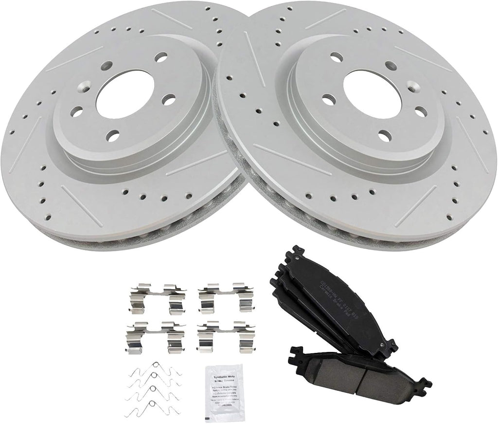 TRQ Performance Front Brake Pad and Rotor Set Ceramic Coated Drilled Slotted Vented Rotors 12.8 in 5-Lug for 2011-2019 Ford Explorer 2009-2019 Flex 2010-2019 Taurus 2009-2012 Lincoln MKS 2010-2019 MKT