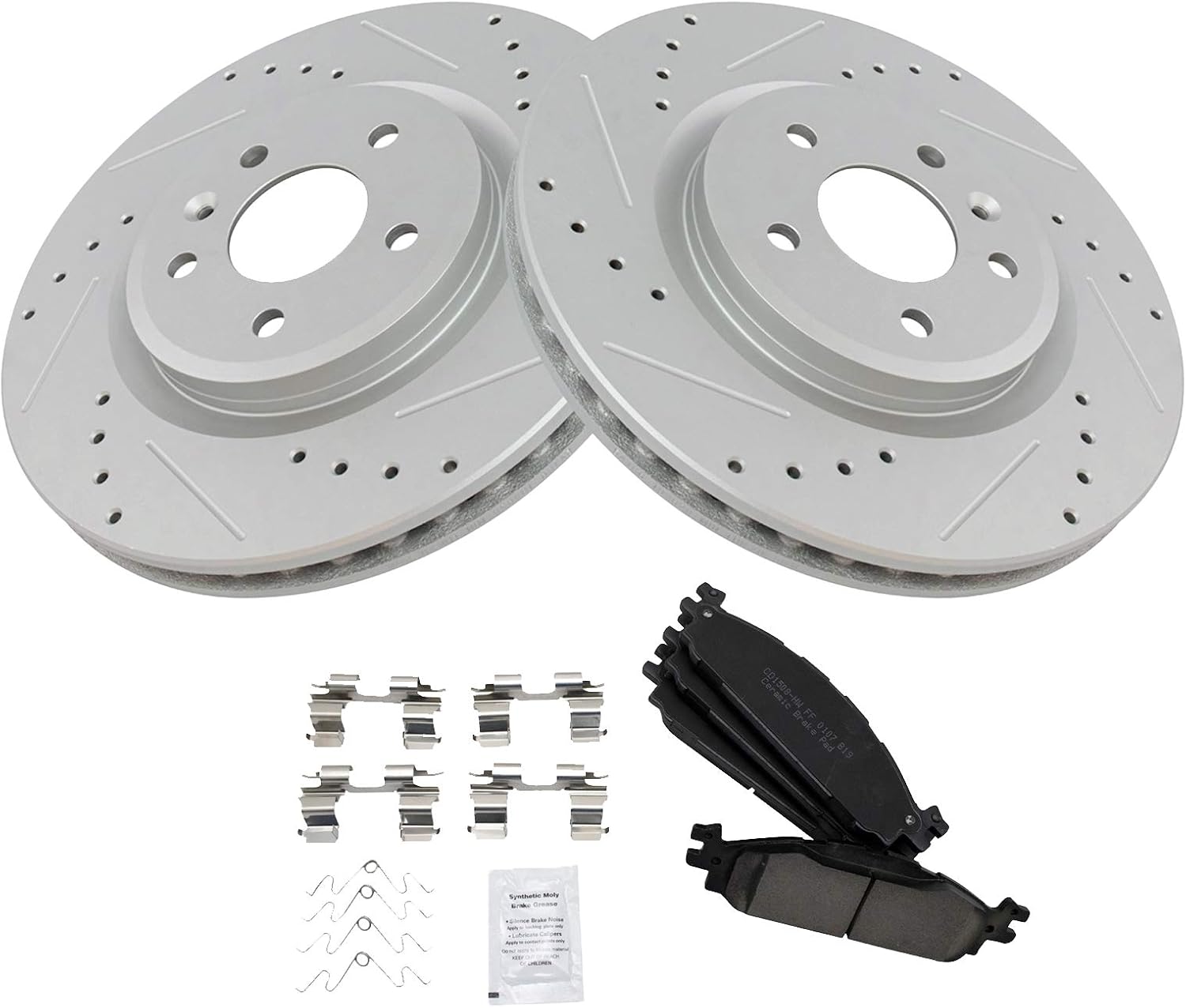 TRQ Performance Front Brake Pad and Rotor Set Ceramic Coated Drilled Slotted Vented Rotors 12.8 in 5-Lug for 2011-2019 Ford Explorer 2009-2019 Flex 2010-2019 Taurus 2009-2012 Lincoln MKS 2010-2019 MKT