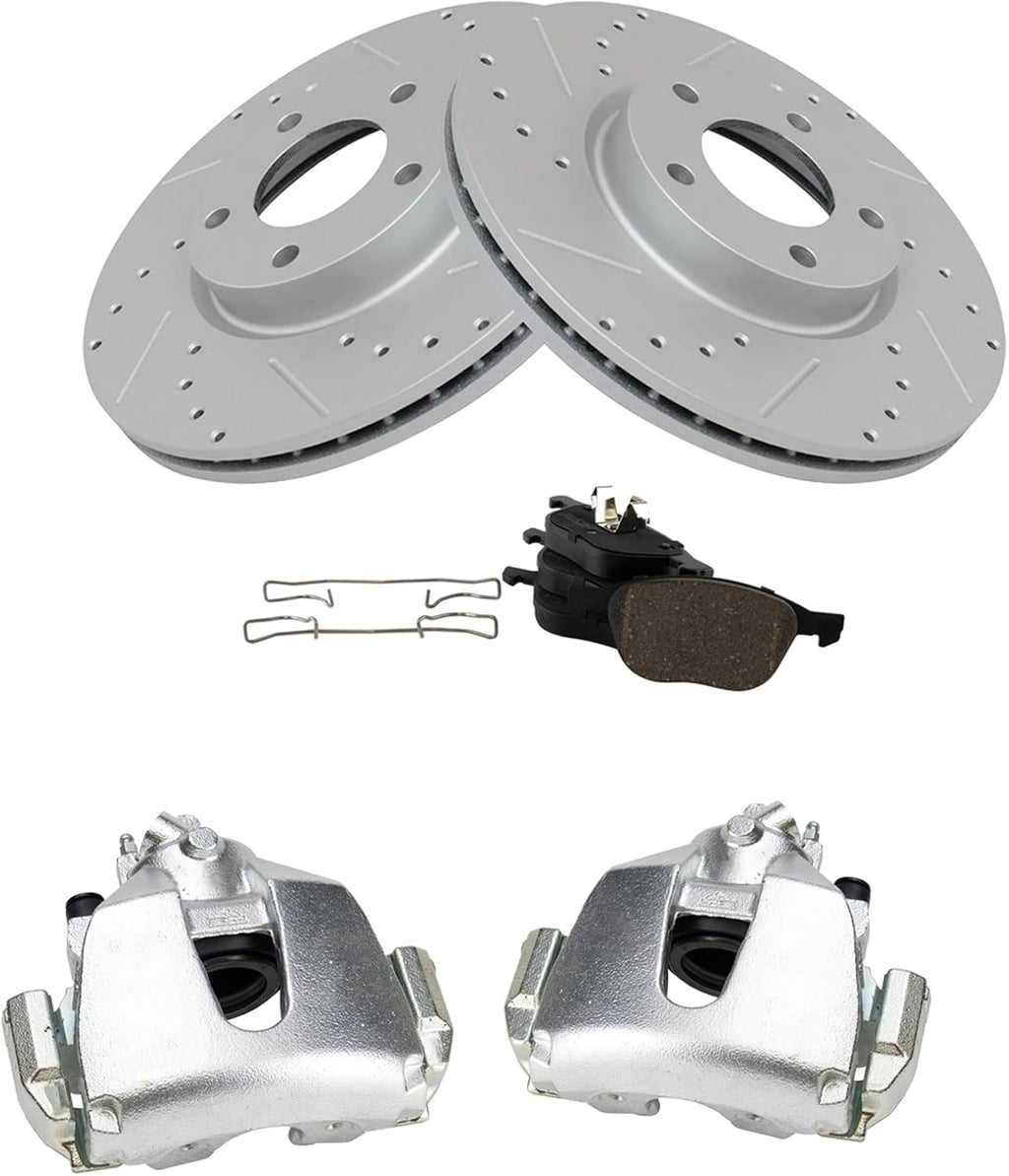TRQ Performance Front Brake Pad and Rotor Set Ceramic Vented Coated Drilled Slotted Rotors Calipers Compatible with 2004-2007 Mazda 3 2006-2007 5