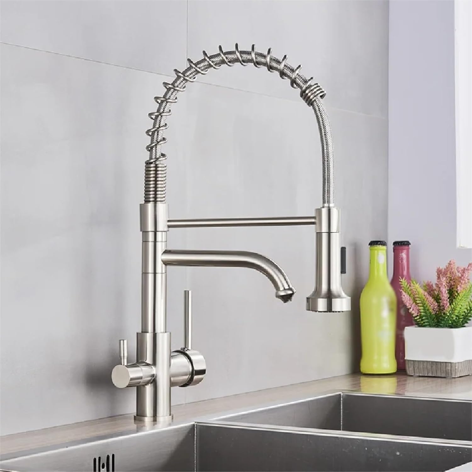 Kitchen Water Filter Faucet Dual Spout Filter Drinking Water Mixer Tap Rotation Taps(Brushed Nickel)