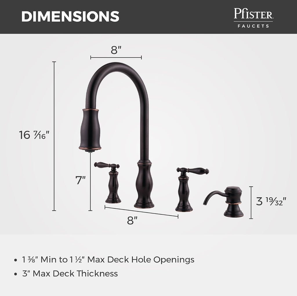 Pfister Hanover Kitchen Sink Faucet with Pull Down Sprayer and Soap Dispenser, 2-Handle High Arc Design, 4-Hole Installation, Tuscan Bronze Finish for Kitchen Sink F5314HNY