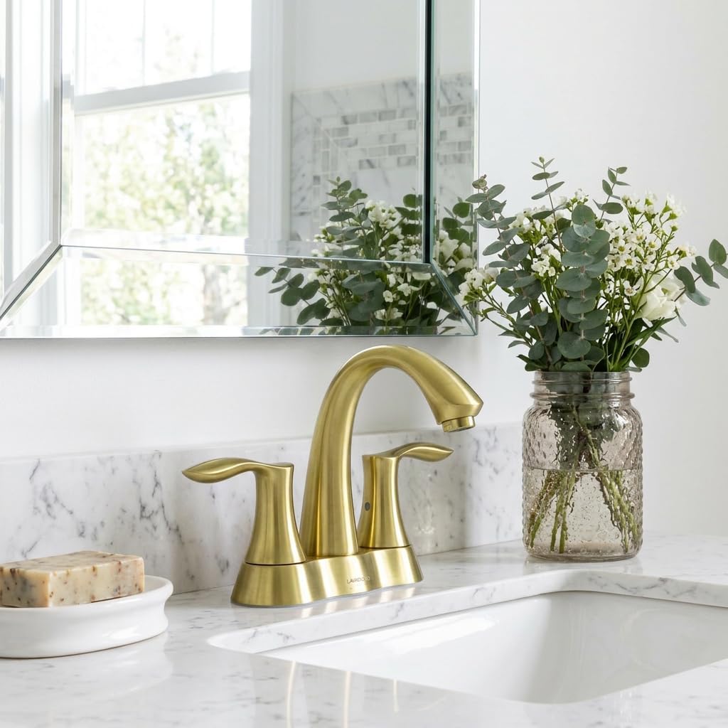 Lava Odoro Brushed Gold Bathroom Faucet 3 Hole, 2 Handle Bathroom Sink Faucet, 4 Inch Centerset Bathroom Faucet with Drain Assembly, BF423-SG