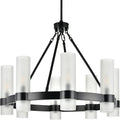 Linea di Liara Teramo Matte Black Chandelier Dining Room Light Fixture Small Wagon Wheel Chandelier Round Industrial Modern Farmhouse Chandeliers for Dining Room Foyer, Frosted Glass, UL Listed