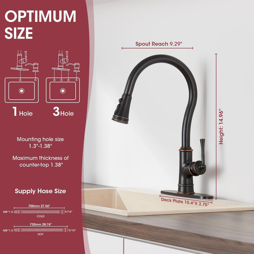 Kitchen Faucets with Pull Down Sprayer, Oil Rubbed Bronze High Arc Antique Brass Single Handle Vintage Kitchen Sink Faucet with 1 or 3 Hole Deck Plate for Farmhouse Laundry Camper Rv Bar