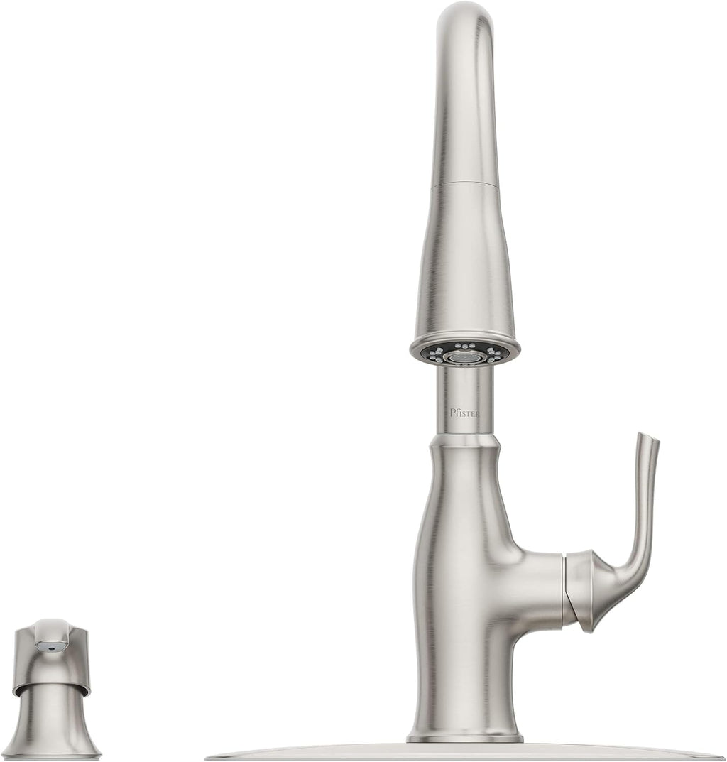 Pfister Rosslyn Kitchen Faucet with Pull Down Sprayer and Soap Dispenser, Single Handle, High Arc, NSF Certified, Spot Defense Stainless Steel Finish, F5297RSSRGS