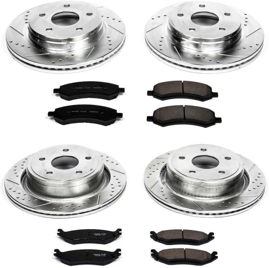PowerStop Front and Rear Brake Kit for Chrysler Aspen 2007-09 |Dodge Durango 2007-09 |Ram 1500 2006-10 - Drilled and Slotted Disc Rotors with Carbon-Fiber Ceramic Brake Pads Replacement, K2164