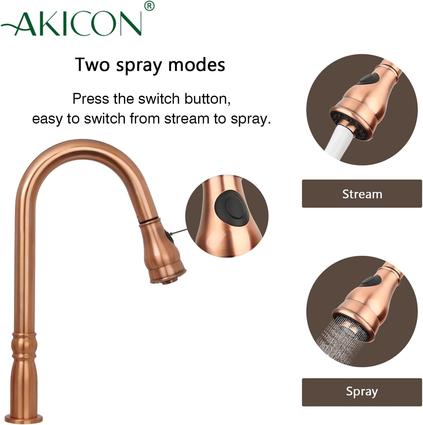 Akicon Copper Kitchen Faucet with in-Deck Handle and Soap Dispenser, Single Handle Solid Brass High Arc Pull Down Sprayer Head Kitchen Sink Faucet AK97918